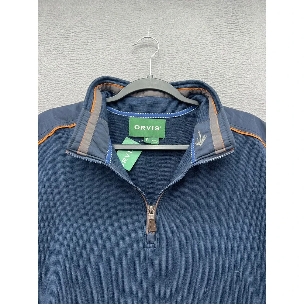 Orvis Sweater Mens XL Navy Blue Quarter Zip Pullover Orange Trim Ribbed Elbows